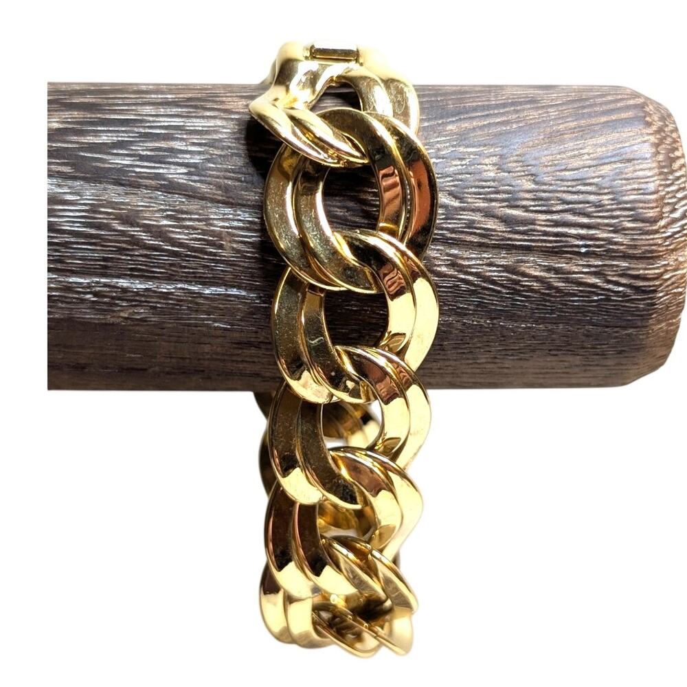 Vintage Monet Gold Tone Curb Double Link Bracelet W/ Fold Over Clasp